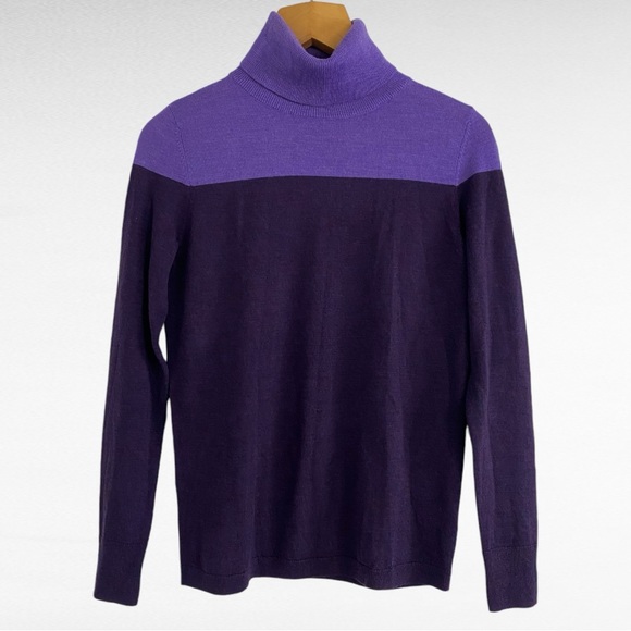 Talbots | Petites Pure Merino Wool Purple Contrast Preppy Turtleneck Sweater - Picture 5 of 6